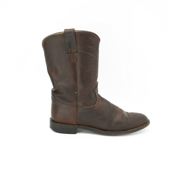 Brown Cowboy Boots Size 10 JUSTIN Vintage Leather Mid Calf Flat Western Boots - Picture 7 of 11